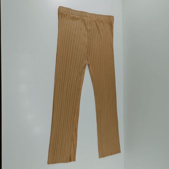 Elegant Pleated Straight Leg Pants in Beige Ribbed Stretchy Trousers Size XL - Picture 2 of 8